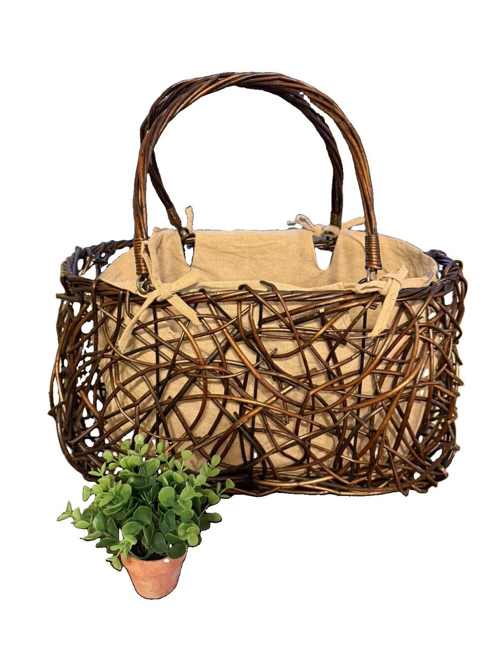Vintage Large Grapevine Woven Handle Basket Wrapped Vine Cottage Core Rustic